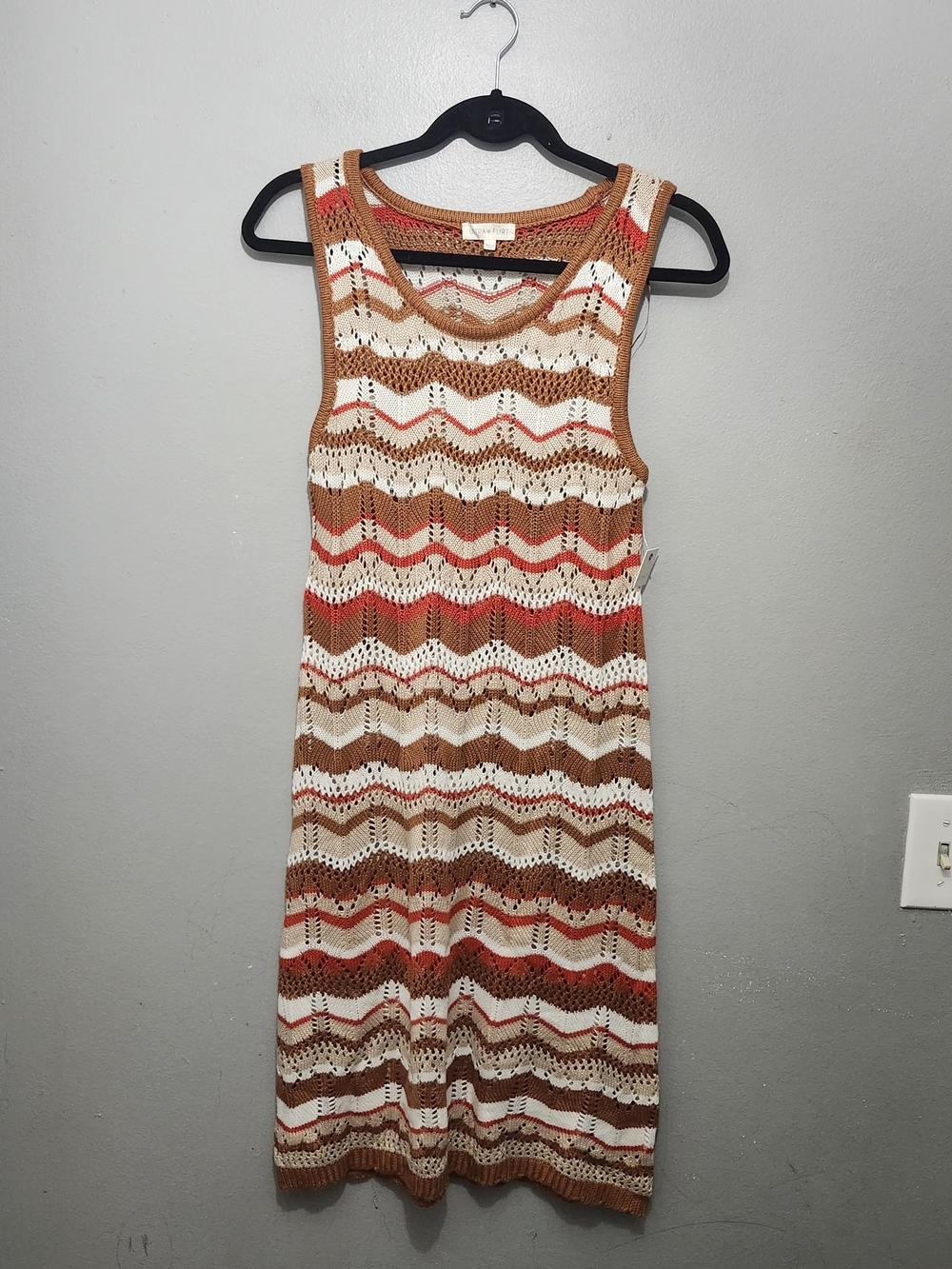 Ultra Flirt Sleeveless Chevron Knit Midi Dress - Brown, Cream & Red Retro Size L